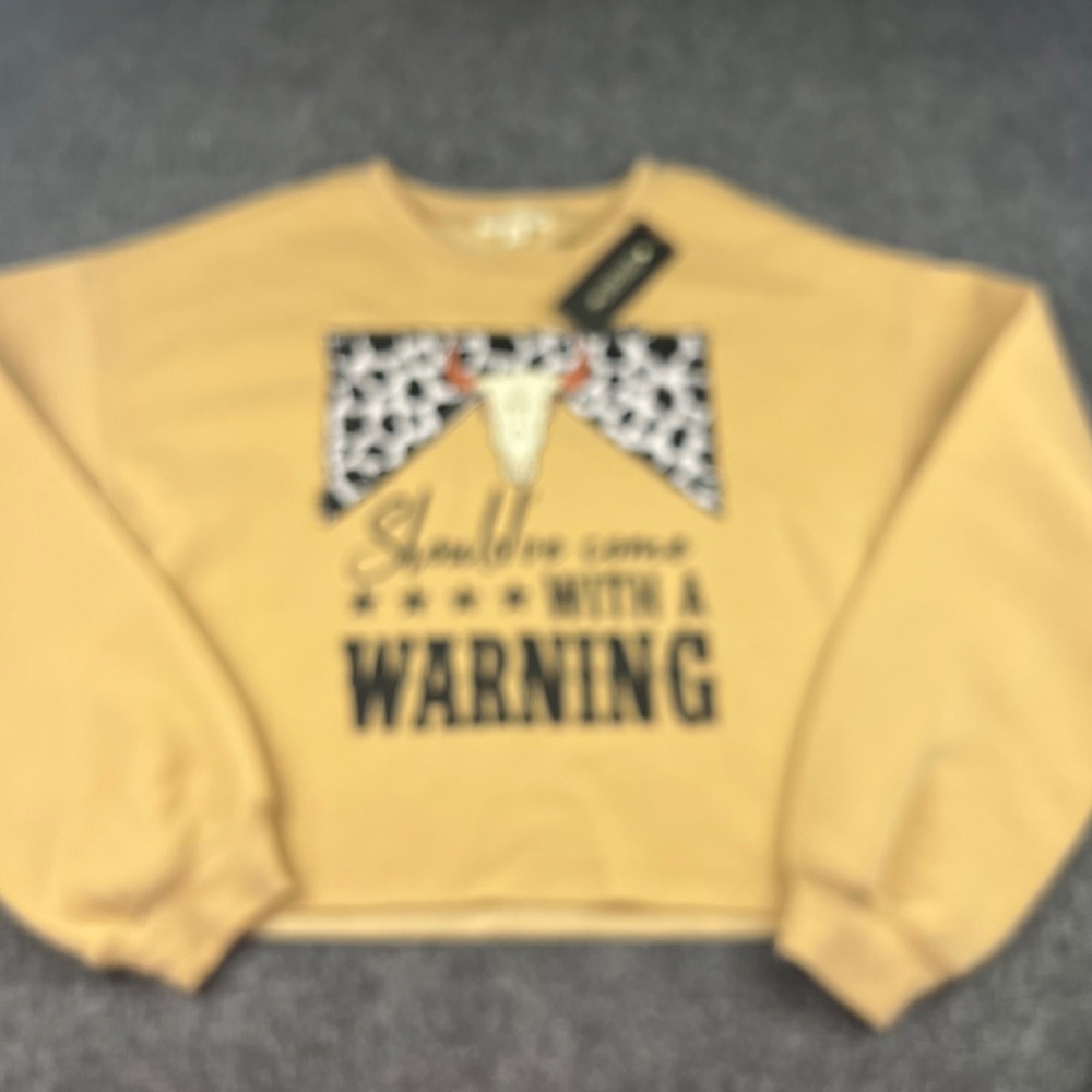 Love Dazed Women Small Yellow Western Bull Skull Graphic Cropped Sweatshirt NWT